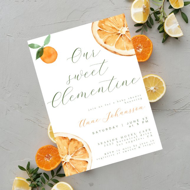 Our Little Clementine Elegant Script Baby Shower Invitation (Creator Uploaded)