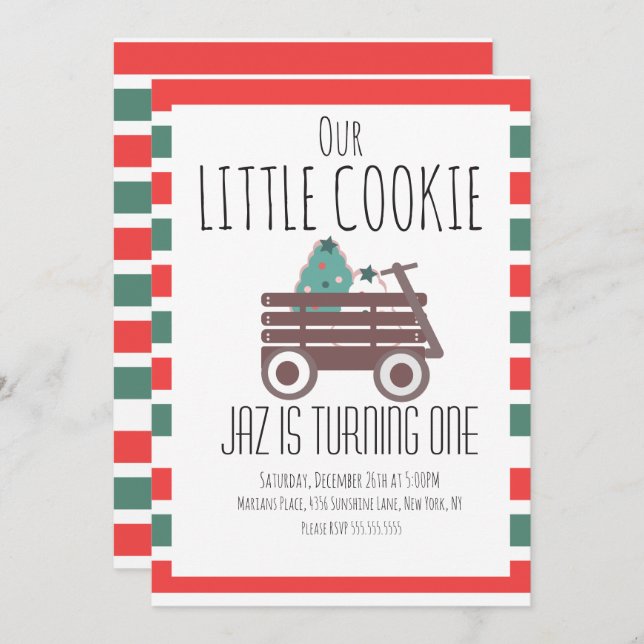 Our Little Cookie Christmas First Birthday Wagon Invitation (Front/Back)