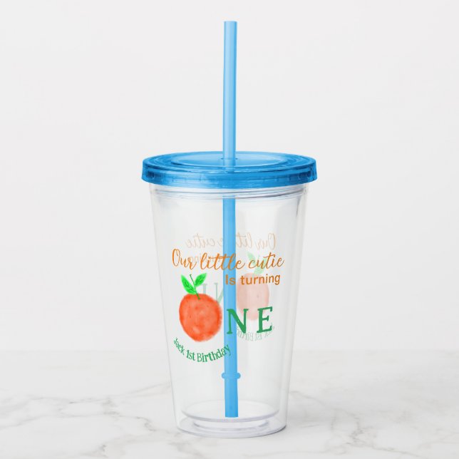 Our little cutie orange one birthday citrus fruit  acrylic tumbler (Front)