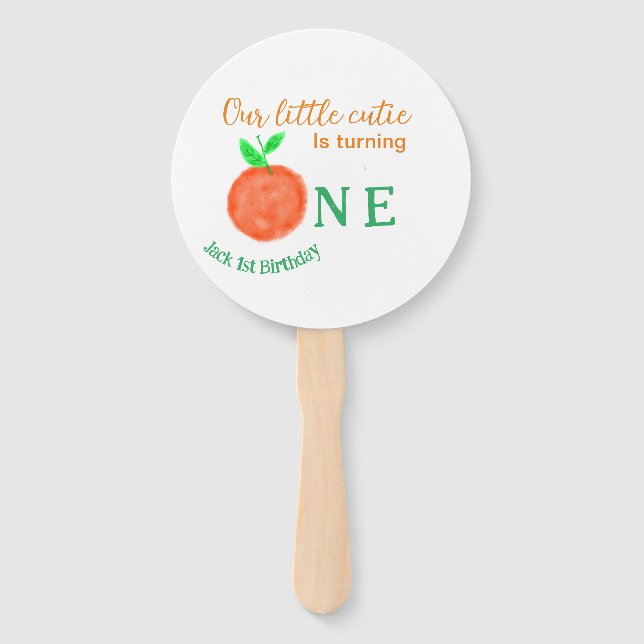 Our little cutie orange one birthday citrus fruit  hand fan (Front)