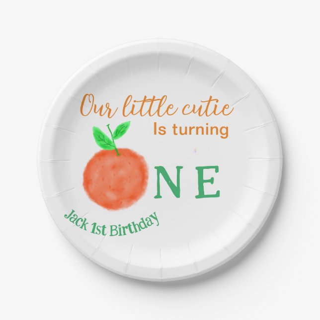 Our little cutie orange one birthday citrus fruit  paper plate (Front)