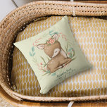 Our Little Dear Fawn Baby Nursery Cushion<br><div class="desc">This cute baby nursery throw pillow features an adorable little brown deer fawn sleeping within a green and pink leaf wreath. At the bottom of the front is your custom text in two fields. The back of the pillow has the same image, with an additional text field, which you may...</div>