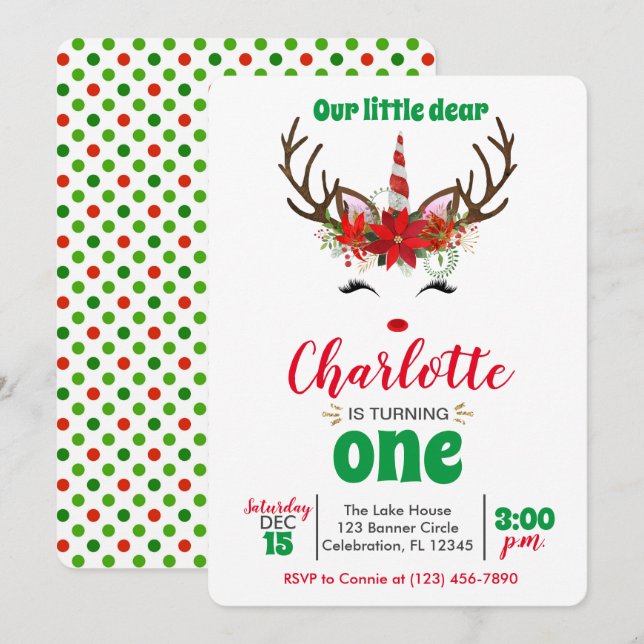 'Our Little Dear' Little Reindeer Girl Christmas Invitation (Front/Back)