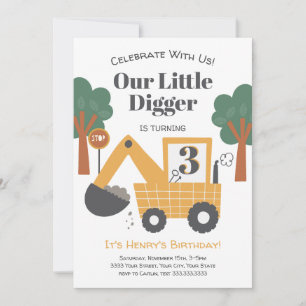 Our Little Digger Is Turning Three Birthday Party Invitation