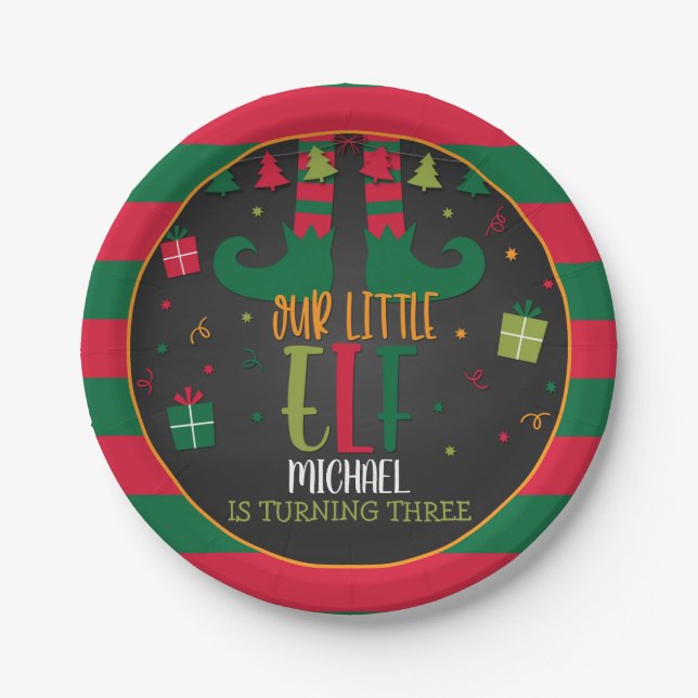 Our Little Elf Birthday Party Plate - Blk (Front)