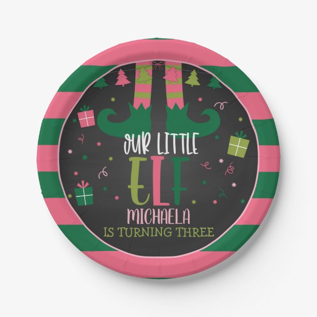 Our Little Elf Birthday Party Plate - Girl Blk (Front)