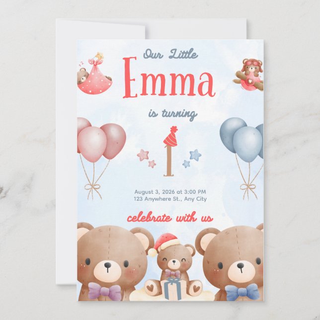 Our Little Emma Birthday Invitation – Pastel Teddy (Front)