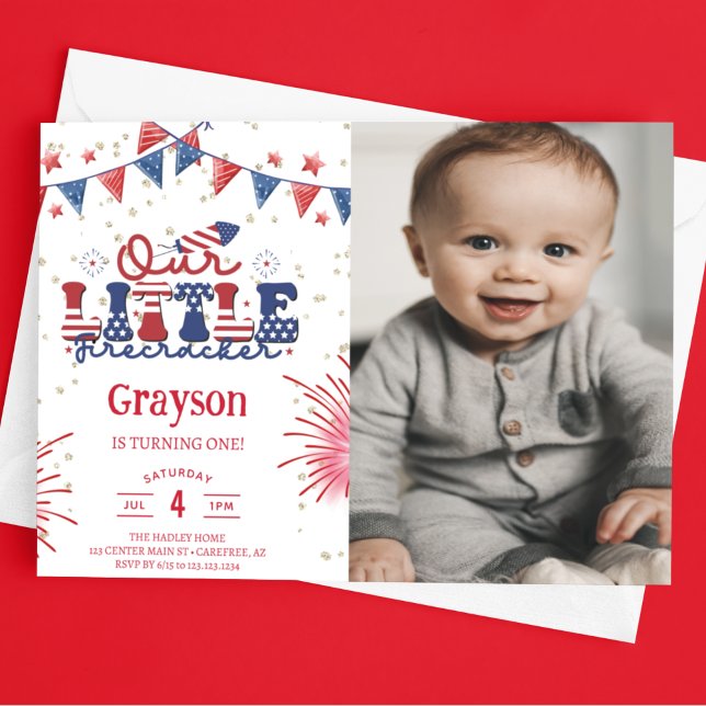 Our Little Firecracker 1st Birthday Party Photo Invitation (Creator Uploaded)