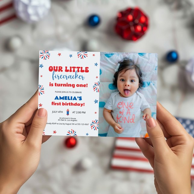 Our Little Firecracker 1st Birthday Party Photo Invitation (Creator Uploaded)