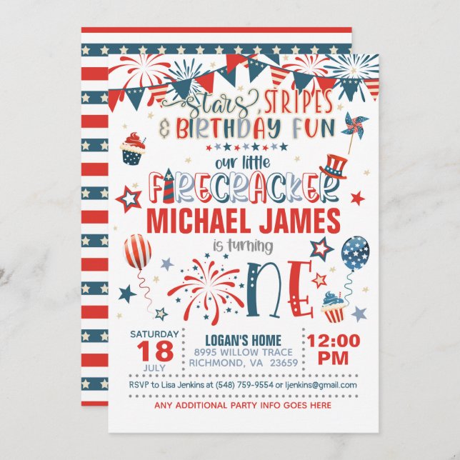 Our Little Firecracker 1st Birthday (S&S) Invitation (Front/Back)