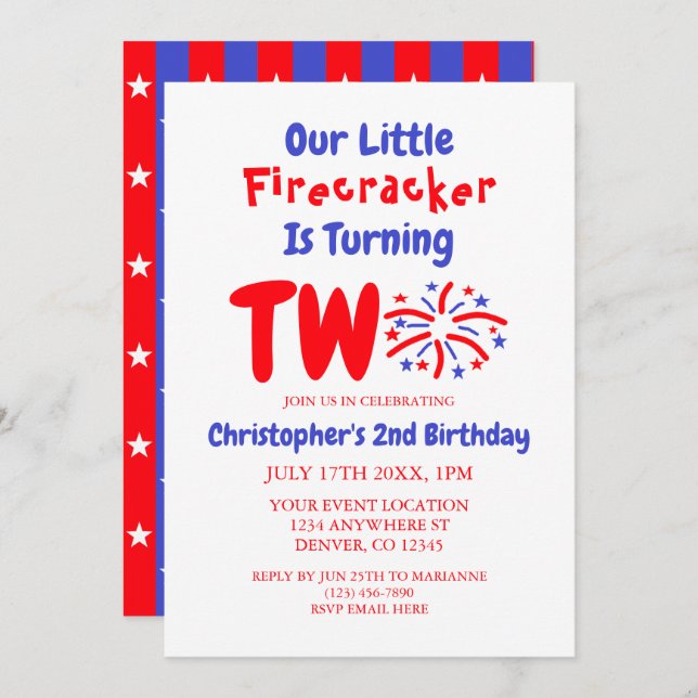 Our Little Firecracker 2nd Birthday Invitation (Front/Back)