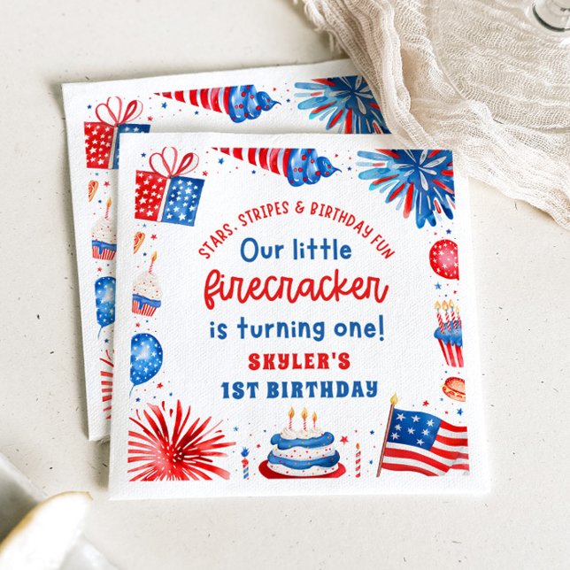 Our Little Firecracker 4th of July 1st Birthday Napkin (Creator Uploaded)