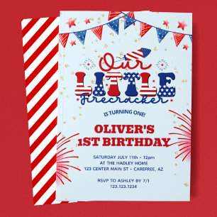 Our Little Firecracker Blue 1st Birthday Invitation