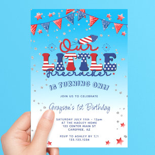 Our Little Firecracker Boy Blue 1st Birthday Invitation