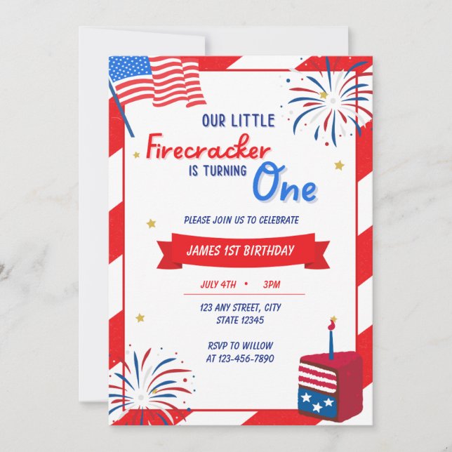 Our Little Firecracker is Turning One Birthday  Invitation (Front)