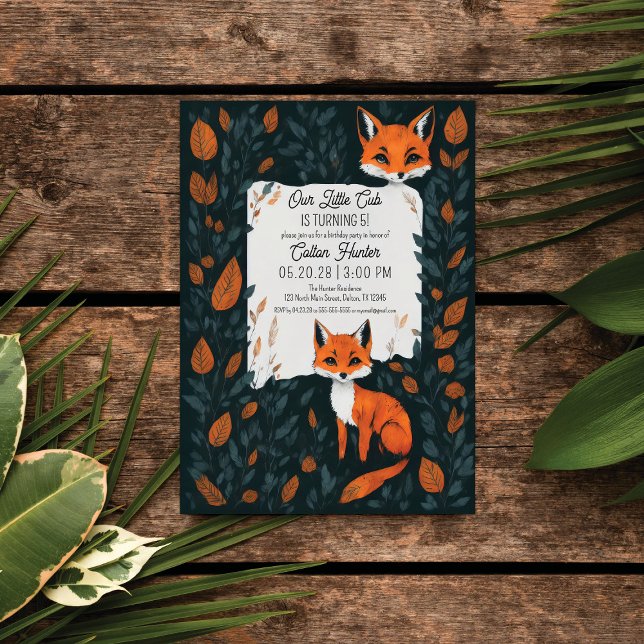 Our Little Fox Cub Orange Forest Leaves Birthday Invitation (Creator Uploaded)