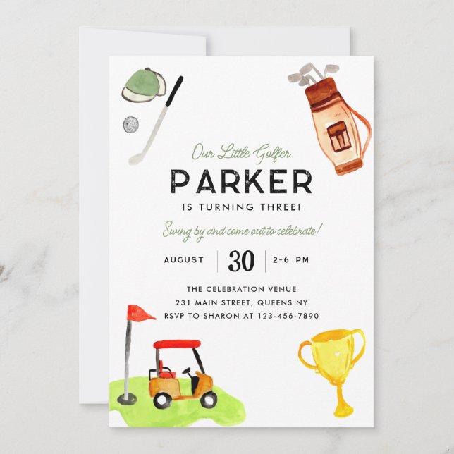 Our Little Golfer Club Bag Cart Kids Golf Birthday Invitation (Front)