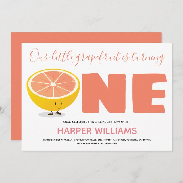 Our Little Grapefruit Turning One First Birthday Invitation (Front/Back)