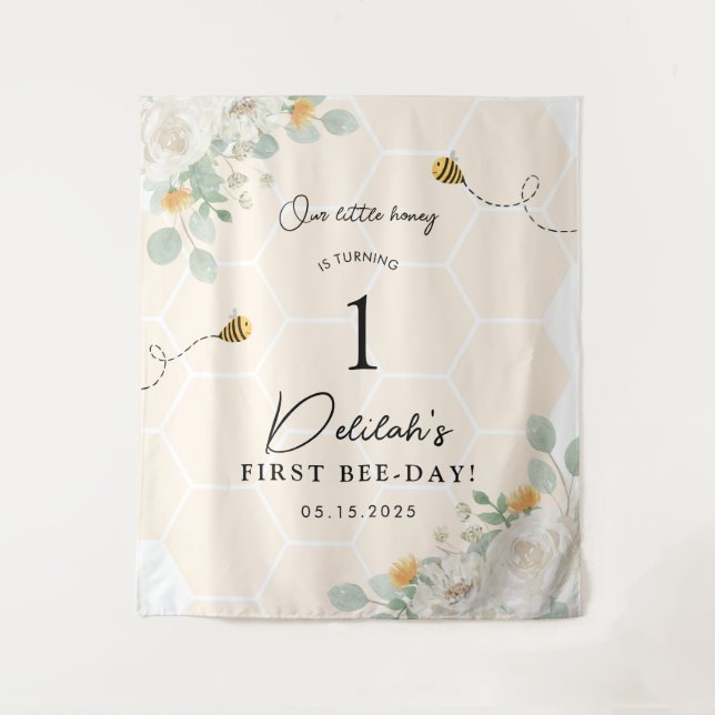 Our Little Honey Bee 1st Birthday Backdrop Banner Tapestry (Front)