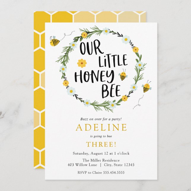 Our little honey bee birthday invitation (Front/Back)