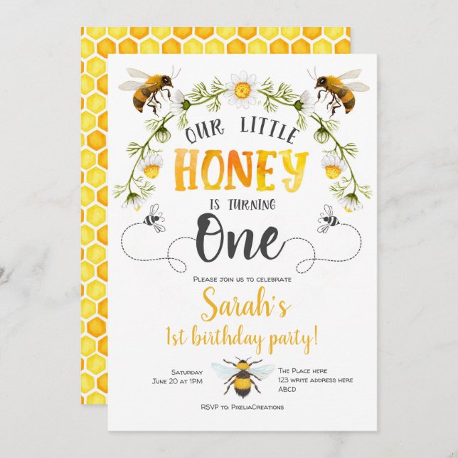 Our little honey, Bee themed 1st birthday invite (Front/Back)