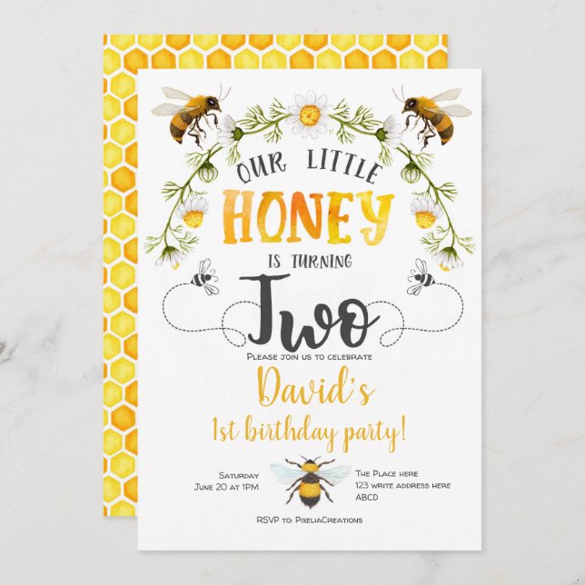 Our little Honey, Bumble bee, Bee 2nd birthday Invitation (Front/Back)