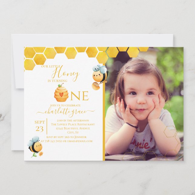 Our Little Honey is Turning One Bee Theme Birthday Invitation (Front)