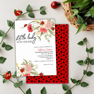 Our little lady is on her way ladybug baby shower invitation