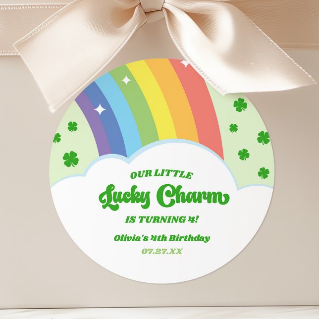 Our Little Lucky Charm Rainbow Birthday Party Classic Round Sticker (Creator Uploaded)