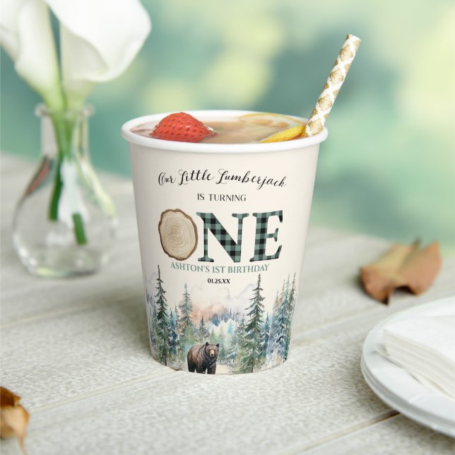 Our Little Lumberjack Bear 1st Birthday Party Paper Cups (Insitu)