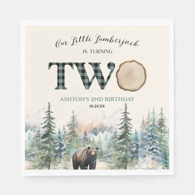 Our Little Lumberjack Bear 2nd Birthday Party Napkin (Front)