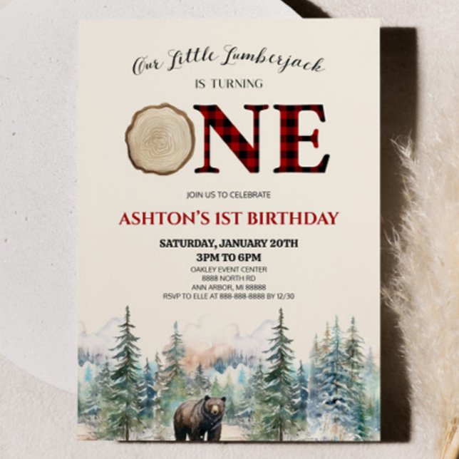 Our Little Lumberjack Bear Red 1st Birthday Party Invitation (Creator Uploaded)
