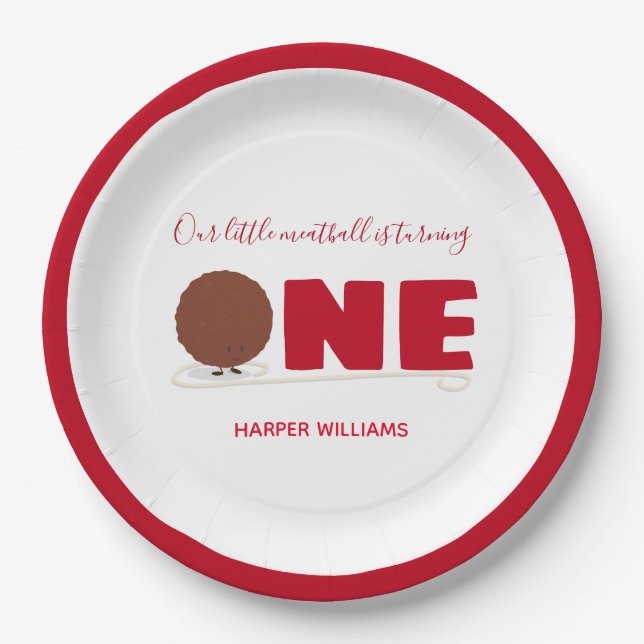 Our Little Meatball Turning One 1st Birthday Paper Plate (Front)