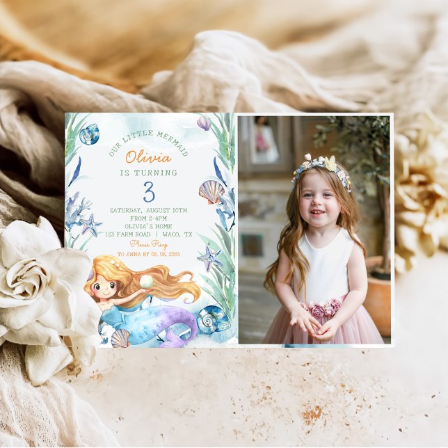 Our Little Mermaid 3th Birthday Party Photo Invitation (Creator Uploaded)