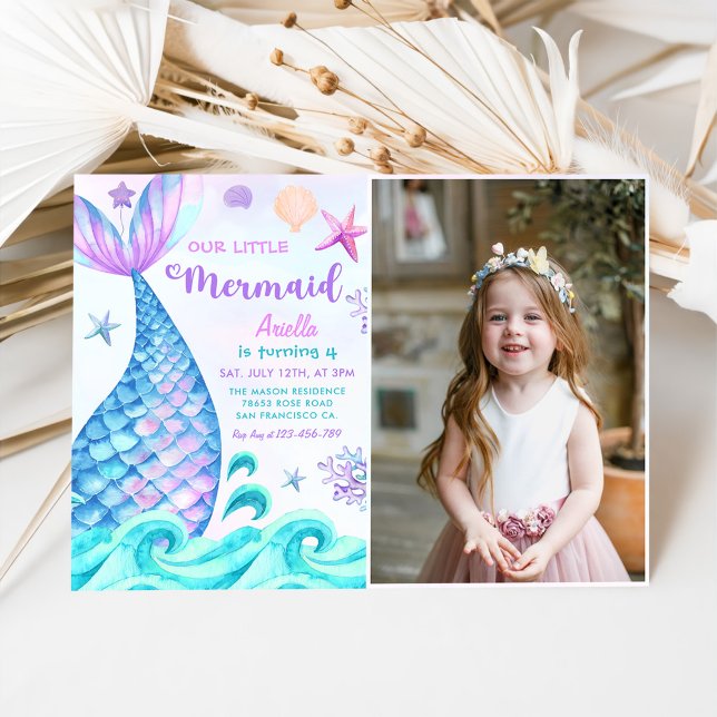 Our Little Mermaid 4th Birthday Party Photo Invitation (Creator Uploaded)