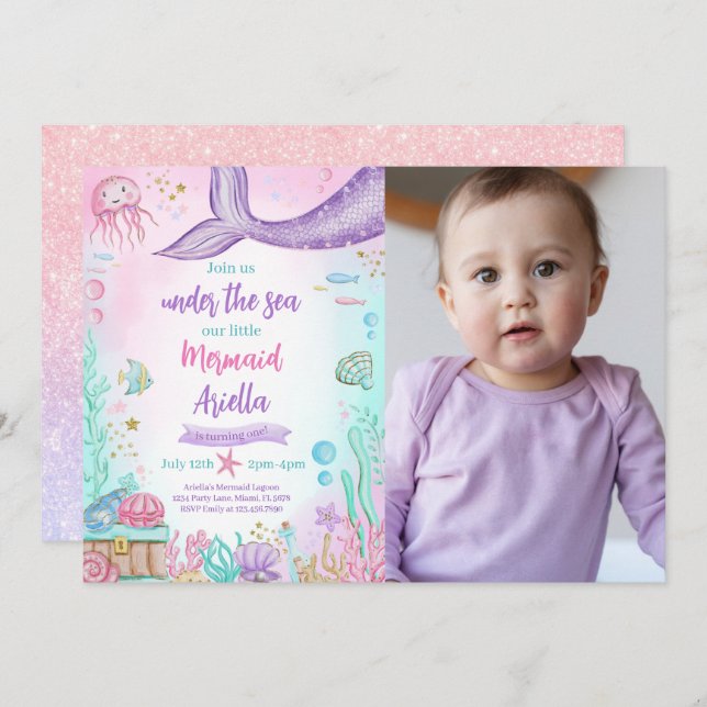 Our Little Mermaid Birthday Photo Invitation (Front/Back)