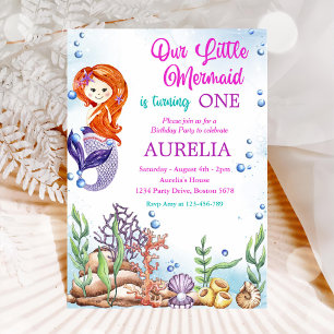Our Little Mermaid Girl 1st Birthday Party Invitation