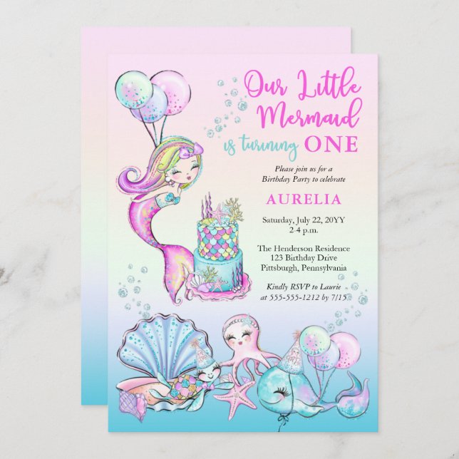 Our Little Mermaid Girl 1st Birthday Party Invitation (Front/Back)