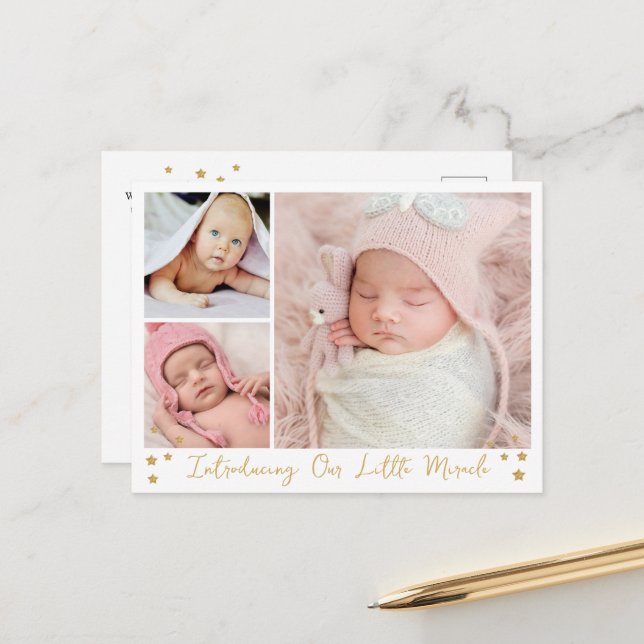 Our Little Miracle Gold Star 3 Photos Baby Announcement Postcard (Front/Back In Situ)