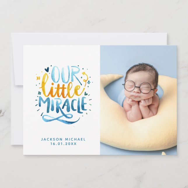 Our Little Miracle Hand Lettering Photo Birth Announcement (Front)