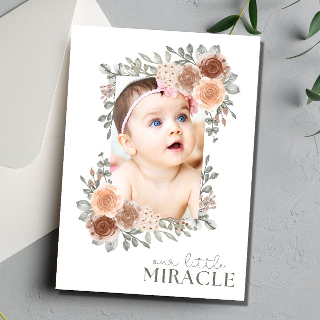 Our Little Miracle Photo Baby Girl Birth Invitation (Cute Floral Our Little Miracle Photo Baby Girl Birth Invitation)