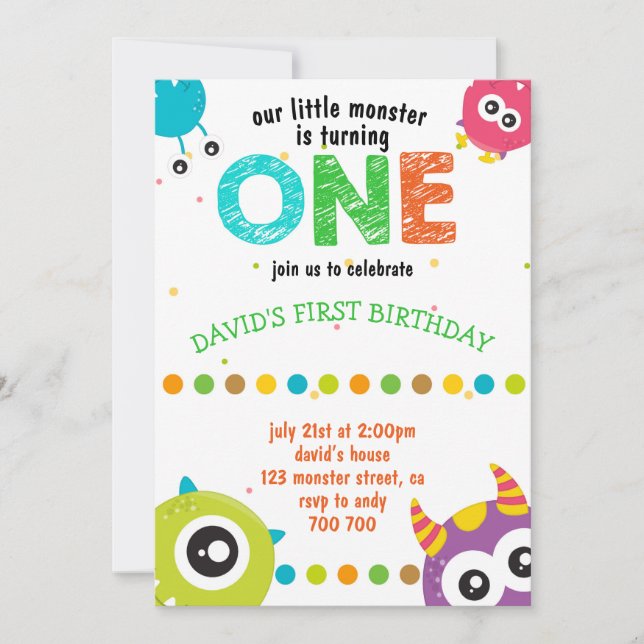 Our Little Monster Baby Boy First Birthday Cute Invitation (Front)