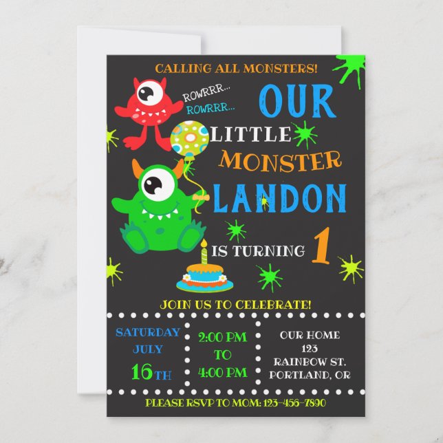 Our Little monster birthday invitation for boy (Front)