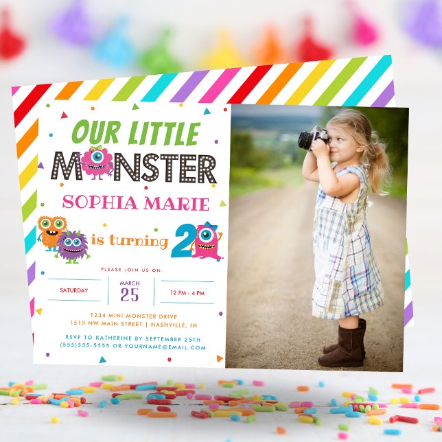 Our Little Monster Cute Pink Photo Birthday Invitation (Our Little Monster Cute Pink Photo Birthday Invitation)