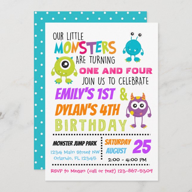Our Little Monsters Joint Birthday Party Invite (Front/Back)