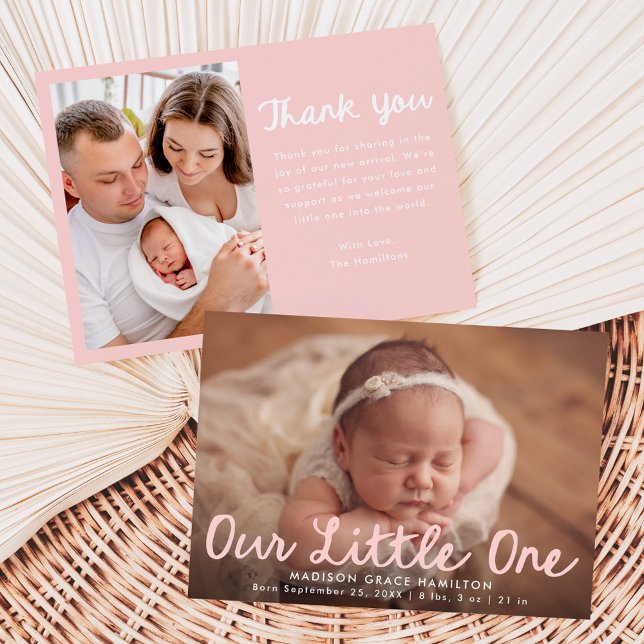 Our Little One Handwritten Pink Script Photo Birth Announcement (Creator Uploaded)