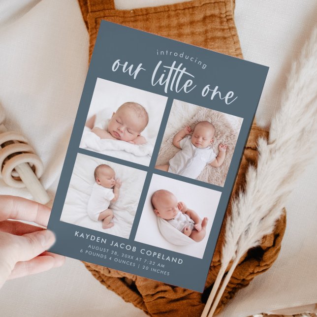 Our Little One Slate Blue Multi Photo Birth Announcement (Creator Uploaded)