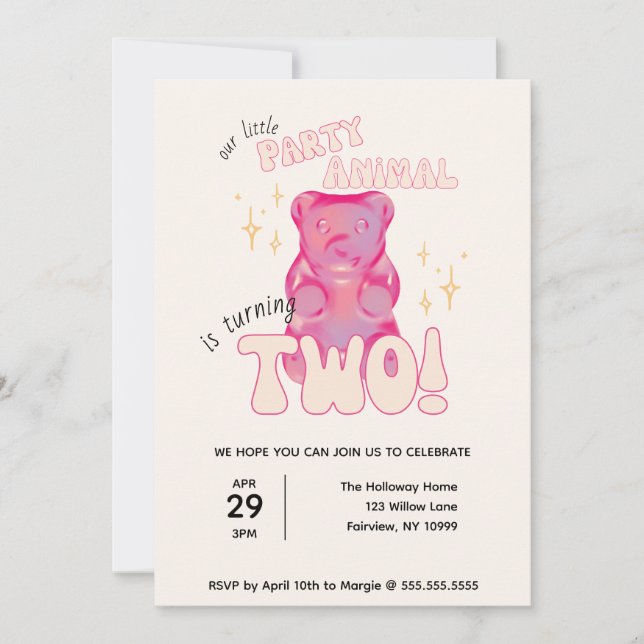 Our Little Party Animal Gummy Bear 2nd Birthday Invitation (Front)