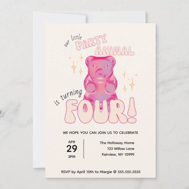 Our Little Party Animal Gummy Bear 4th Birthday Invitation (Front)