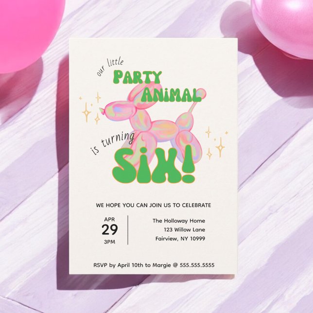 Our Little Party Balloon Animal 6th Birthday Invitation (Creator Uploaded)